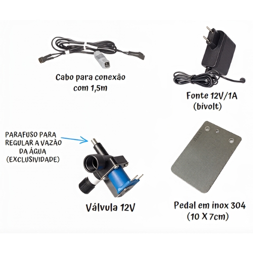 Esse pedal é fixado no rodapé do gabinete, é bivolt. Com uma leve pressão, ele abre a válvula que dá passagem para a água. Nesse caso, também pode ser utilizada a torneira que já está instalada no local.